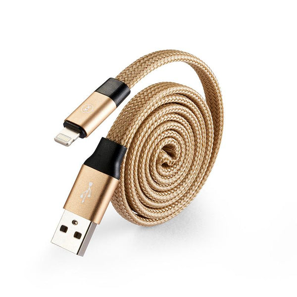 Self coil USB charging cable for iPhone in gold angle view