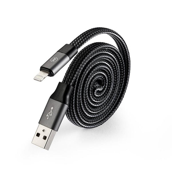 Self coil USB charging cable for iPhone in space grey angle view